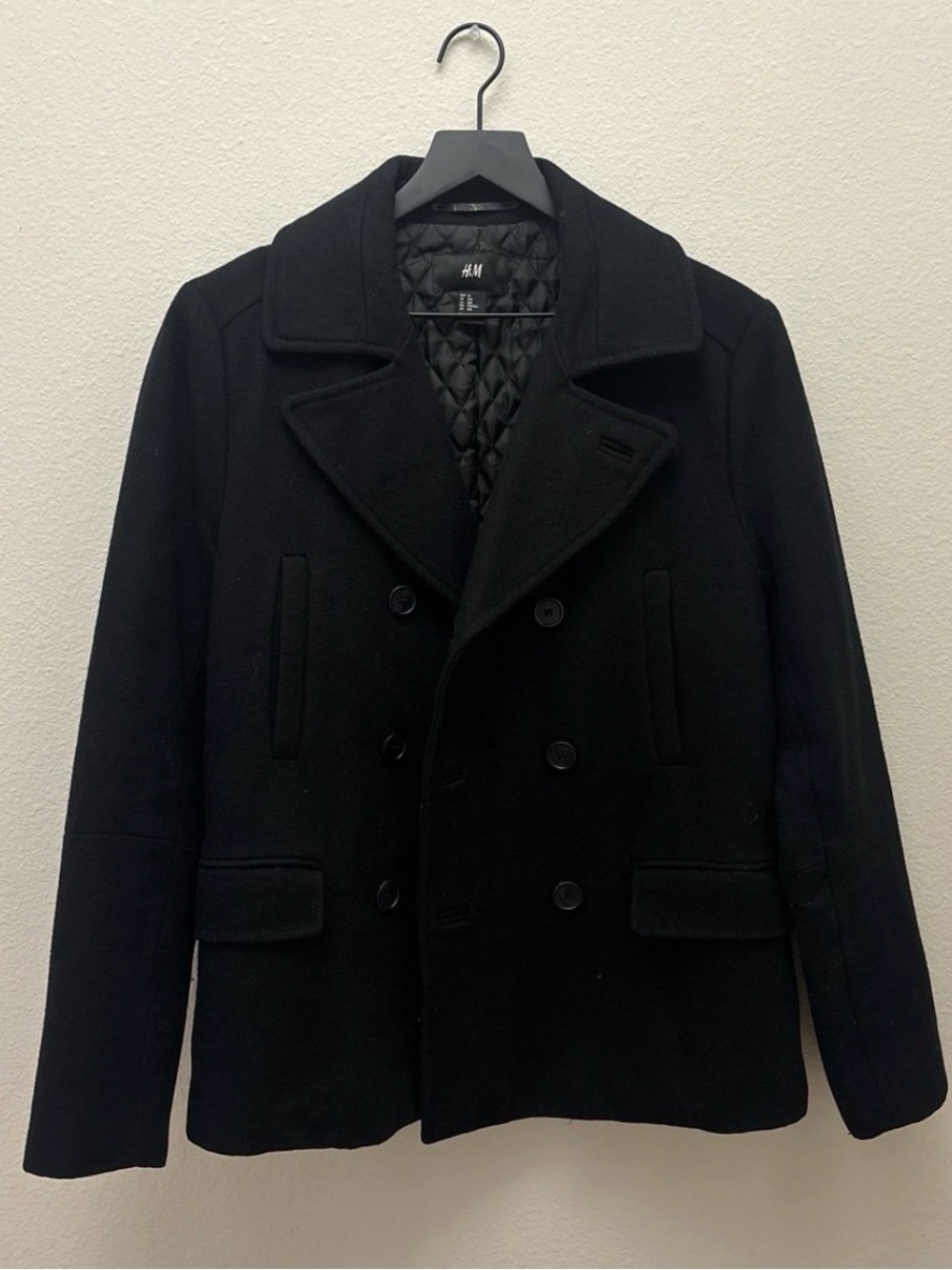 H&M Black Quilted-Lined Double-Breasted Peacoat 36R